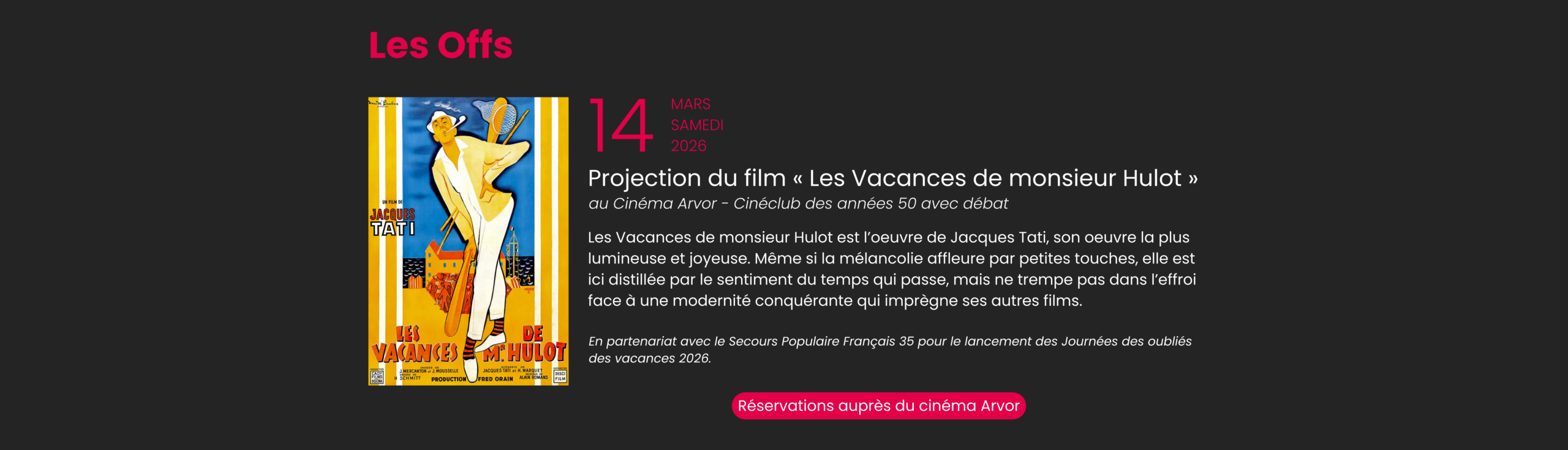 Projection du film Les Vacances de monsieur Hulot de Jacques Tati au cinéma Arvor